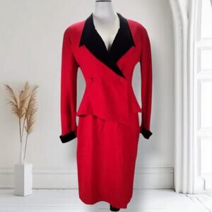 Vintage Bicci Florine Wachter Red Wool Power Suit 10 Jacket Skirt 80s Velvet
